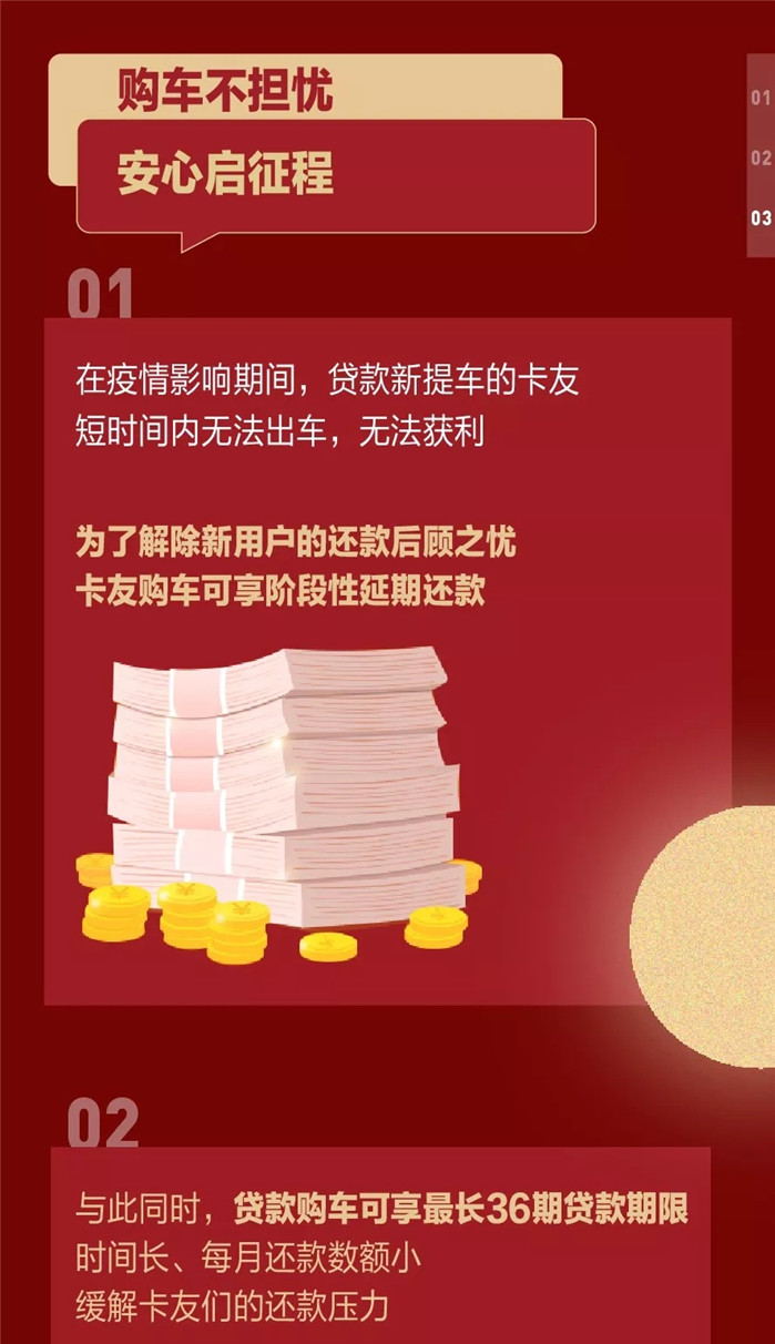 道路之上，一車車的醫(yī)療器械，一車車的新鮮蔬菜，很多卡友面對疫情選擇逆向而行，無償幫助運送救援物資，勇敢無畏地奮斗在救援一線，保障疫區(qū)物資供應(yīng)。疫情之下，運輸市場基本停滯，行情低迷，卡友同時面臨著貸款還款的壓力和疫情的威脅。在這樣的情況下，卡友還在盡己所能為抗疫奔走……
