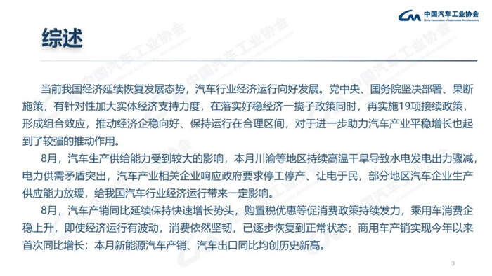 8月，雖受南方限電、疫情多發(fā)等不利因素影響，汽車產(chǎn)銷總體完成情況良好。本月產(chǎn)銷量雖比上月略有下降，但同比仍呈現(xiàn)高速增長(zhǎng)。本月汽車產(chǎn)銷分別完成239.5萬(wàn)輛和238.3萬(wàn)輛，環(huán)比分別下降2.4%和1.5%，同比分別增長(zhǎng)38.3%和32.1%。目前行業(yè)持續(xù)保持良好發(fā)展態(tài)勢(shì)，并有望繼續(xù)延續(xù)。