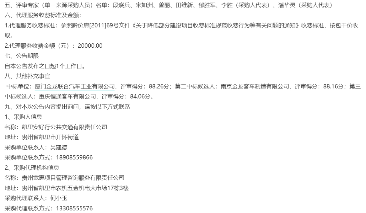 近日，廈門金龍聯(lián)合汽車工業(yè)有限公司成功中標(biāo)貴州省凱里安好行公共交通有限責(zé)任公司采購130輛純電動(dòng)公交車項(xiàng)目（二標(biāo)段），中標(biāo)數(shù)量115輛，總金額為76475000元